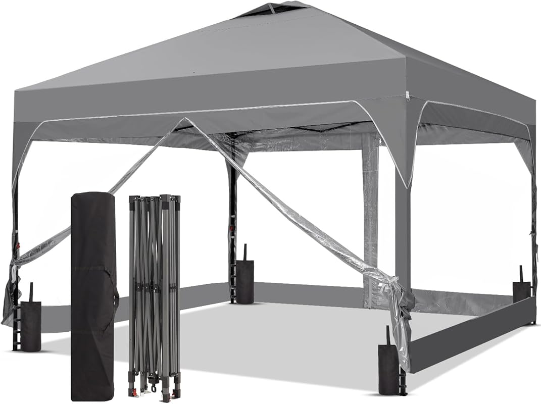 10x10ft Pop Up Canopy with Clear Sidewalls and Sandbags for Outdoor Ev