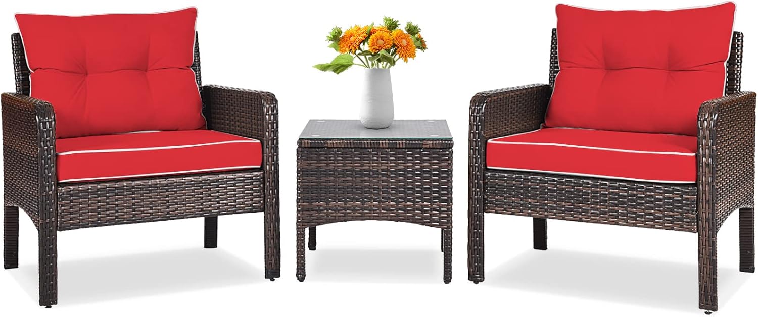 Tangkula 3-Piece All-Weather Wicker Patio Set with Glass Top Coffee Ta