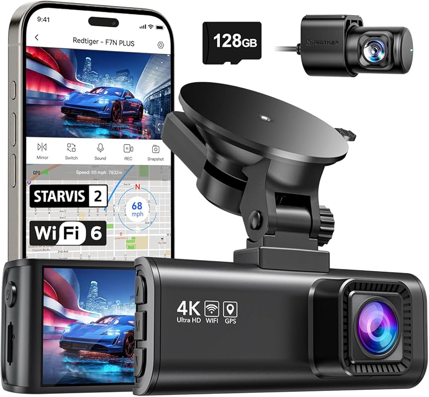 REDTIGER 4K Trucker Dash Cam: Front, Rear, WiFi, GPS, WDR Night Vision