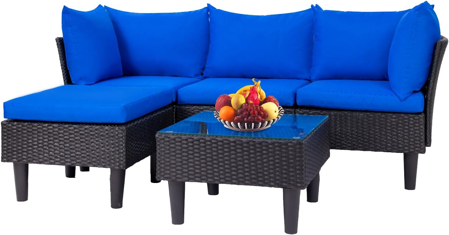 FDW 5-Piece Outdoor Rattan Conversation Set with Wicker Chairs and Blu