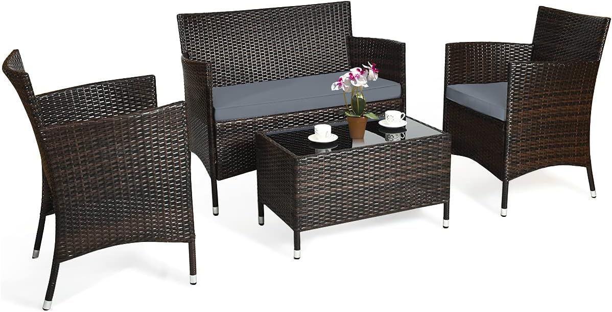 COSTWAY 4-Piece Outdoor Rattan Patio Set with Cushioned Wicker Chairs 