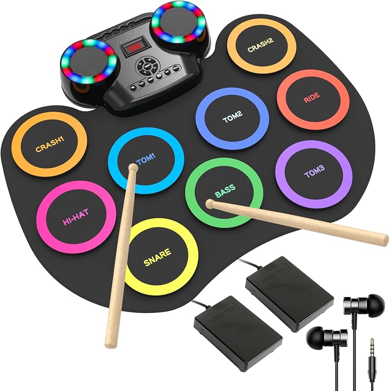 9-Pad Roll-up Electronic Drum Pad for Kids: Bluetooth, LED Lights, Dua