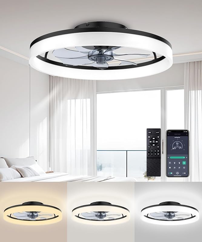 Best 20-inch Black Low Profile Ceiling Fan with Dimmable LED, Remote,