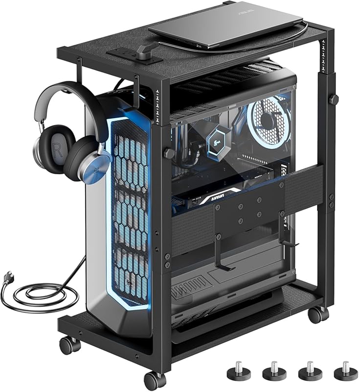 Adjustable PC Tower Stand and CPU Holder Cart with Charging Station, B