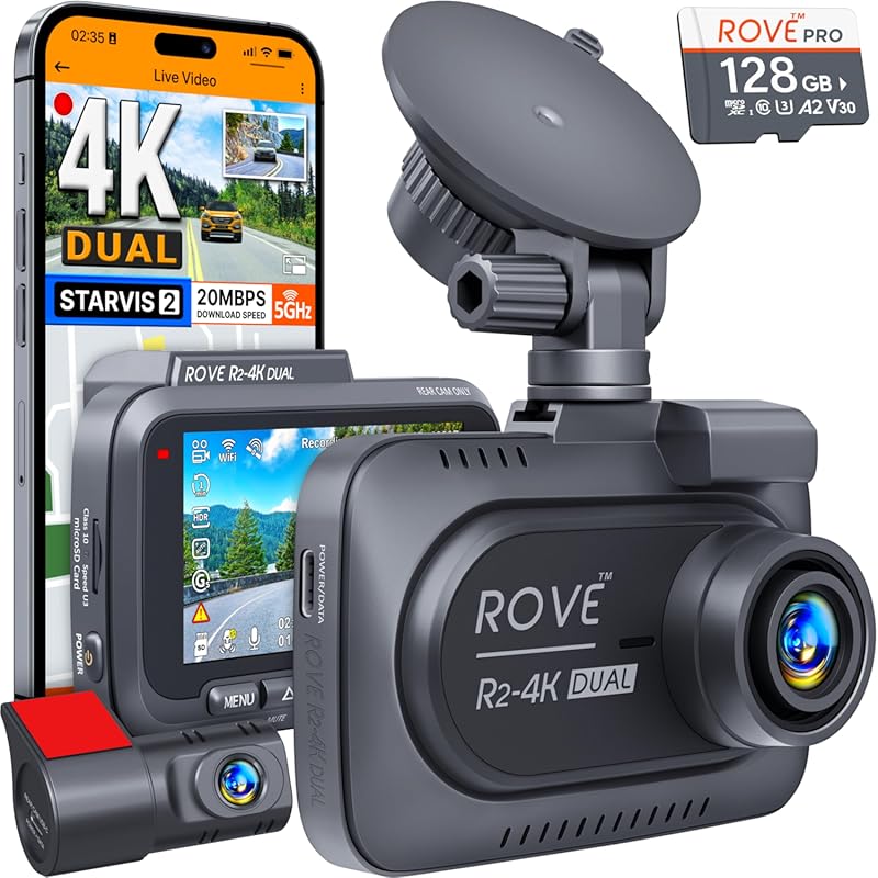 ROVE R2-4K DUAL Dash Cam: Front/Rear, STARVIS 2 Sensor, 5G WiFi, 4K, 2