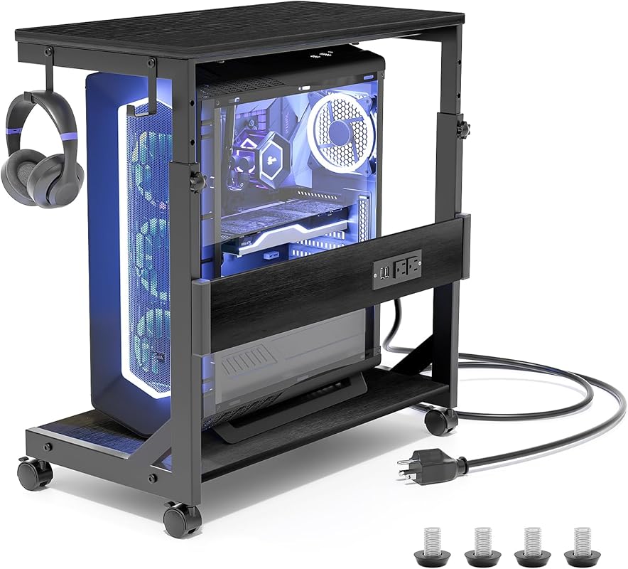 Height Adjustable 2-Tier Computer Tower Stand with Charging Station, U