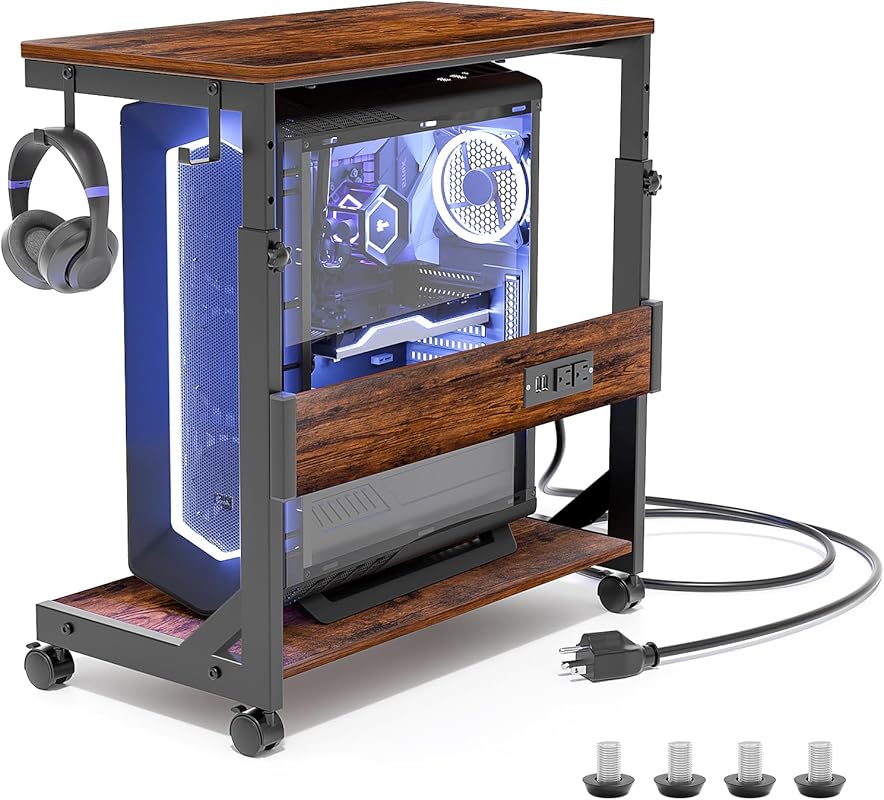 Height Adjustable 2-Tier Computer Tower Stand with Charging Station, U