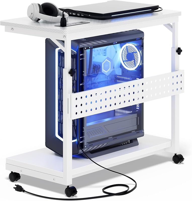 Computer Tower Stand with Power Strips, 4 Levels Manual Height Adjusta