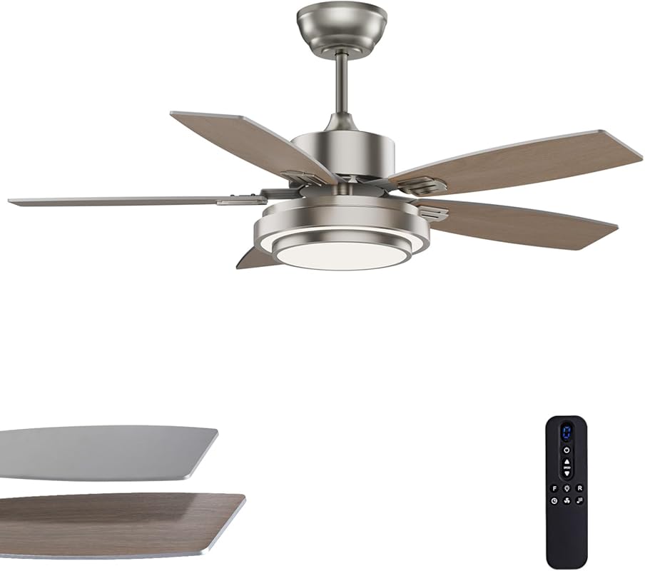 Nickel 42-Inch Ceiling Fan with Light and Remote, Dimmable LED, Quiet 