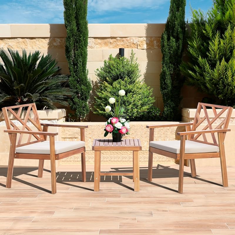 3-Piece Outdoor Acacia Wood Patio Set with Padded Cushion Chairs and C