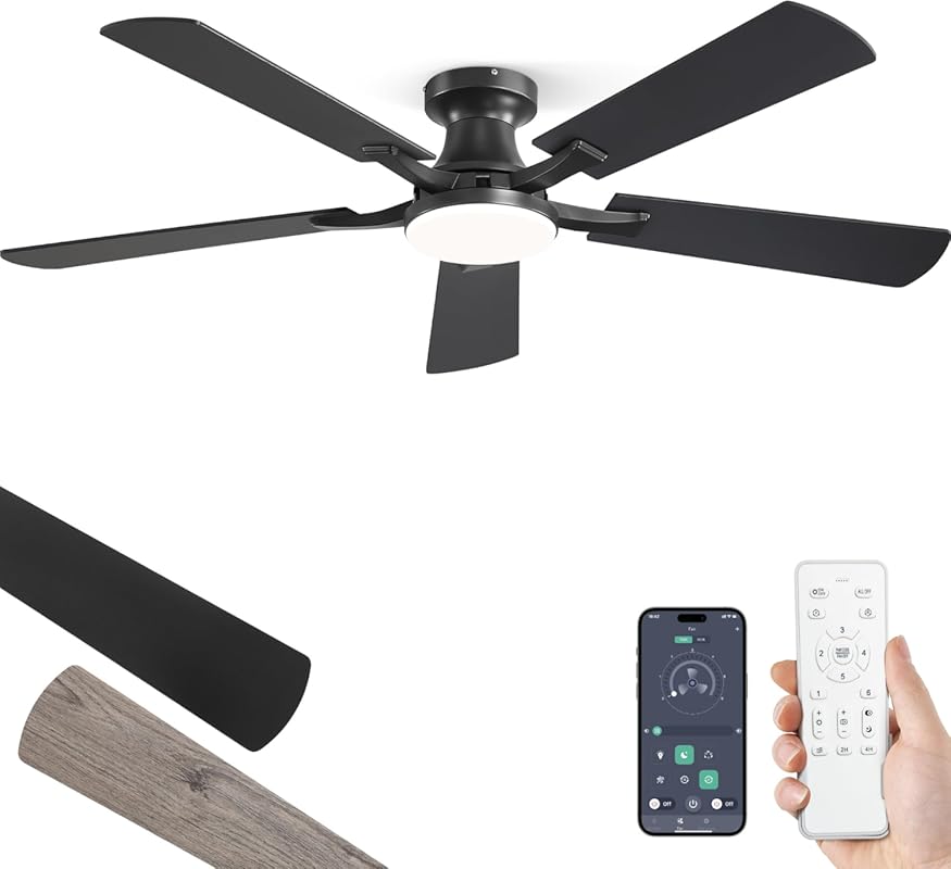 Best 52-inch Black Low Profile Ceiling Fan: Dimmable Light, App & Remo