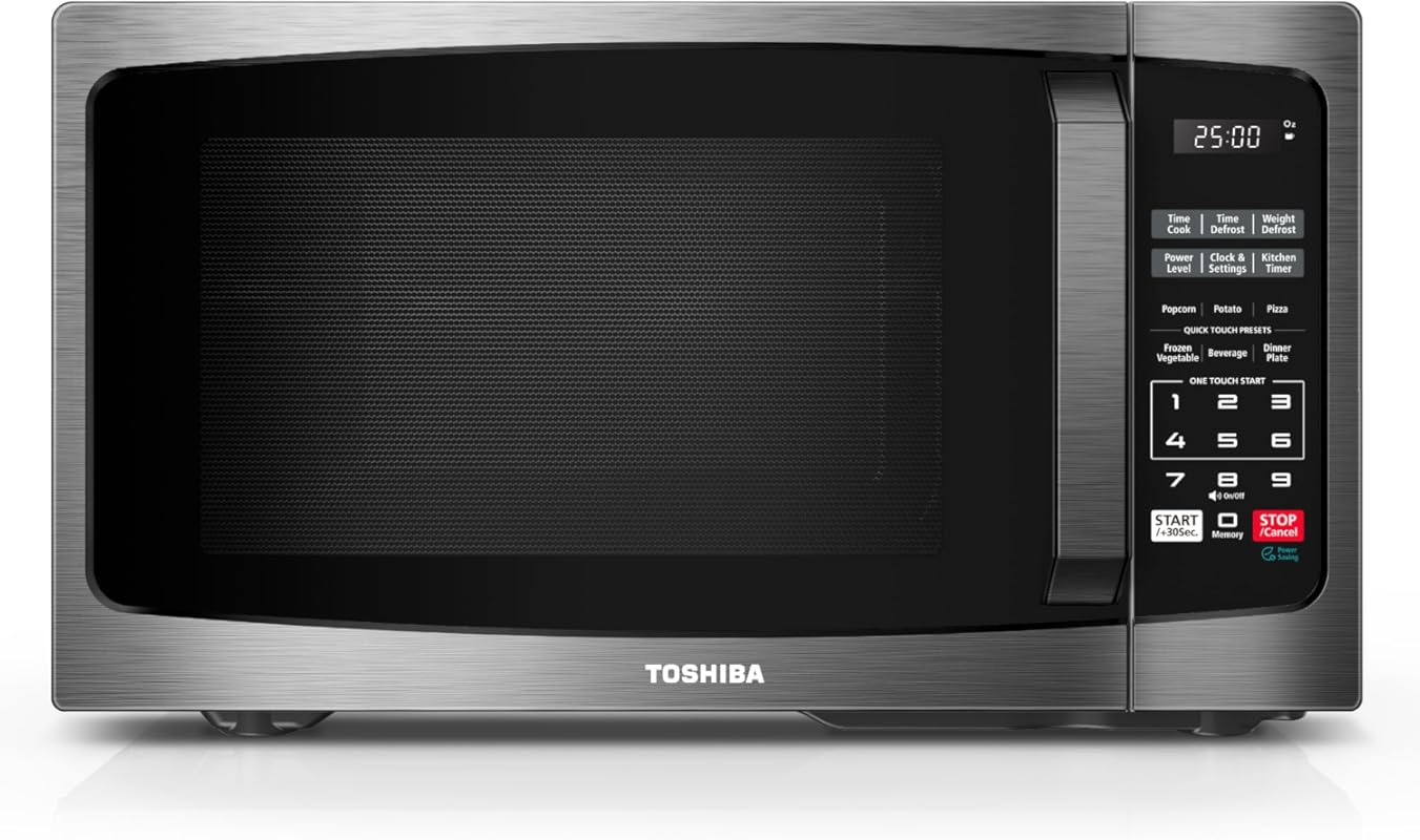 TOSHIBA 0.9 Cu Ft Small Countertop Microwave Oven, 900W, Black Stainle