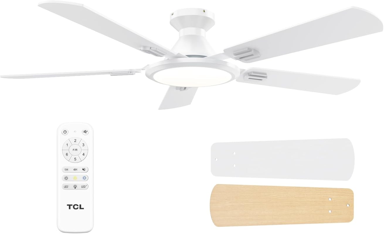 White 52-Inch Low Profile Ceiling Fan with Light and Remote, DC Revers