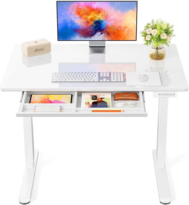 Marsail 37 x 22 Inch Glass Standing Desk with Drawer, Adjustable with