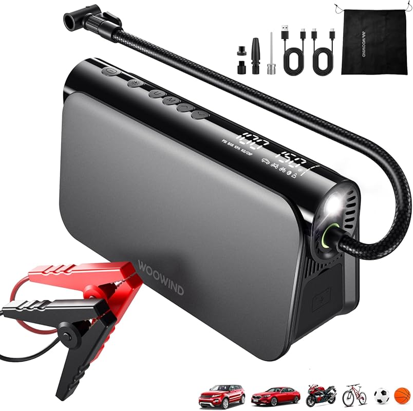 Woowind Portable 3-in-1 Jump Starter: Air Compressor, Power Bank, 150