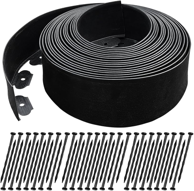 Heavy-Duty Black Plastic Garden Edging Border, 50ft x 4-Inch Tall, wit