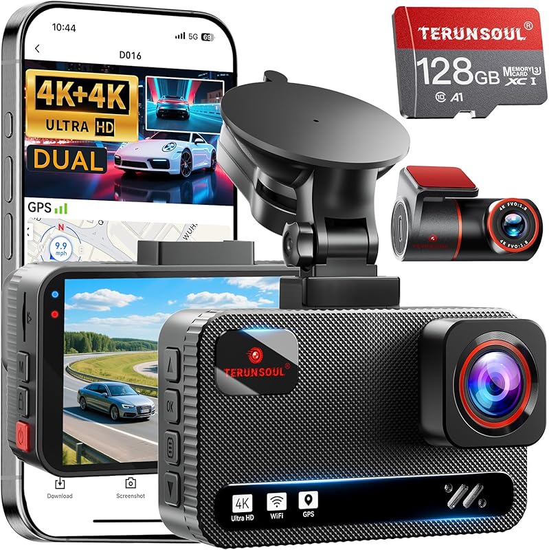 4K+4K Front Rear Dash Cam with WiFi, GPS, G-Sensor, Wide Angle, 24H Pa