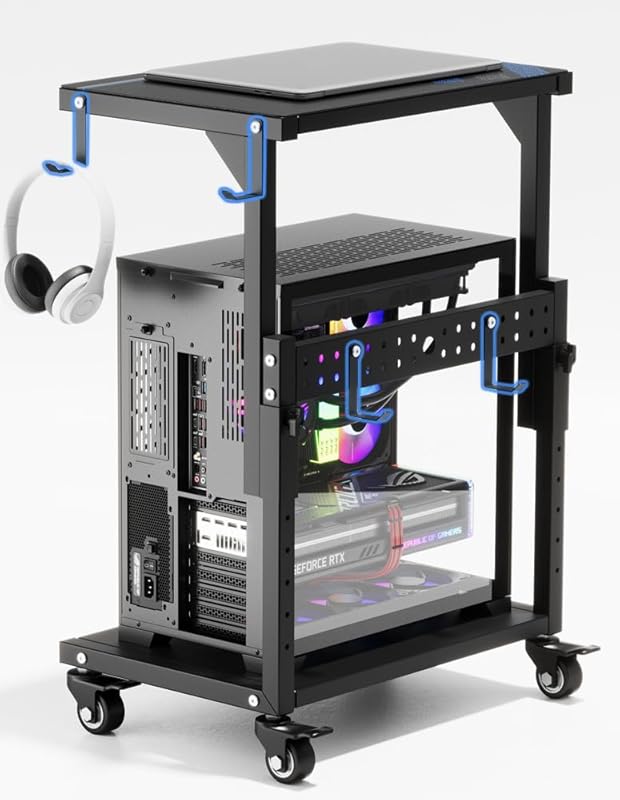 Height Adjustable Computer Tower Stand, Mobile Rolling CPU Holder Cart