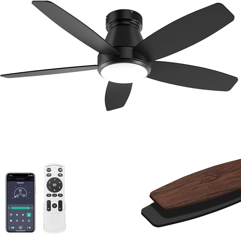 Black 42-Inch Low Profile Ceiling Fan with Light and Remote, Dimmable,