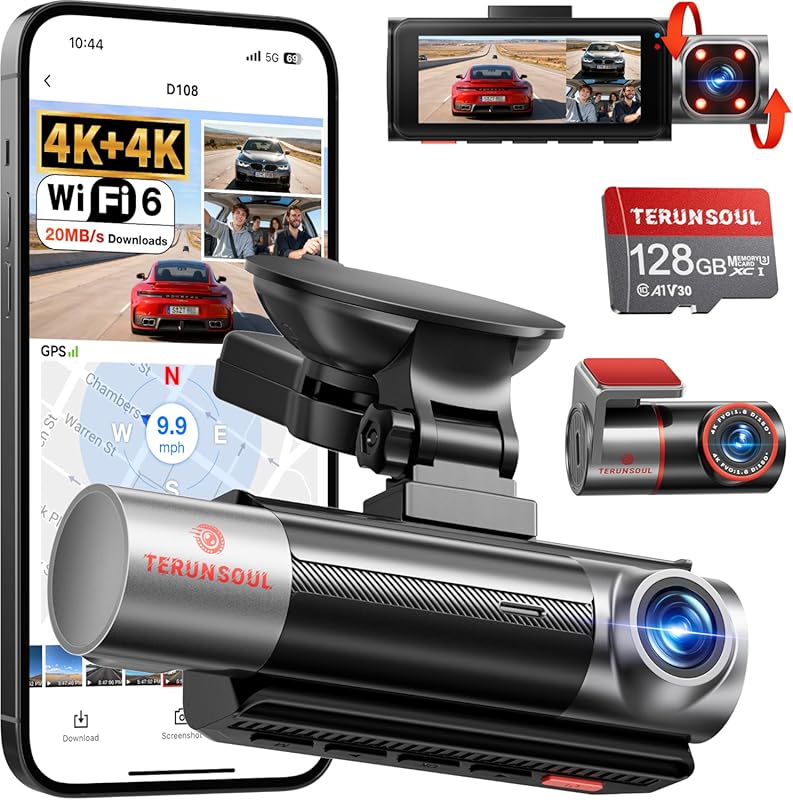 4K 3-Channel Dash Cam (Front, Rear, Cabin), WiFi6, IR Night Vision, GP