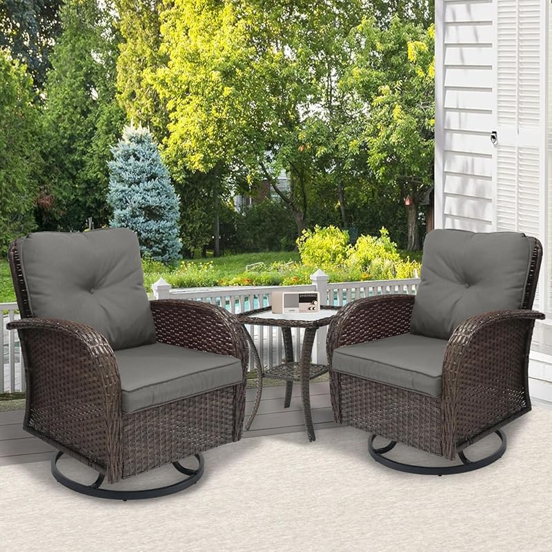 SHGJ 3-Piece All-Weather Rattan Bistro Set with 2 Swivel Rocking Chair