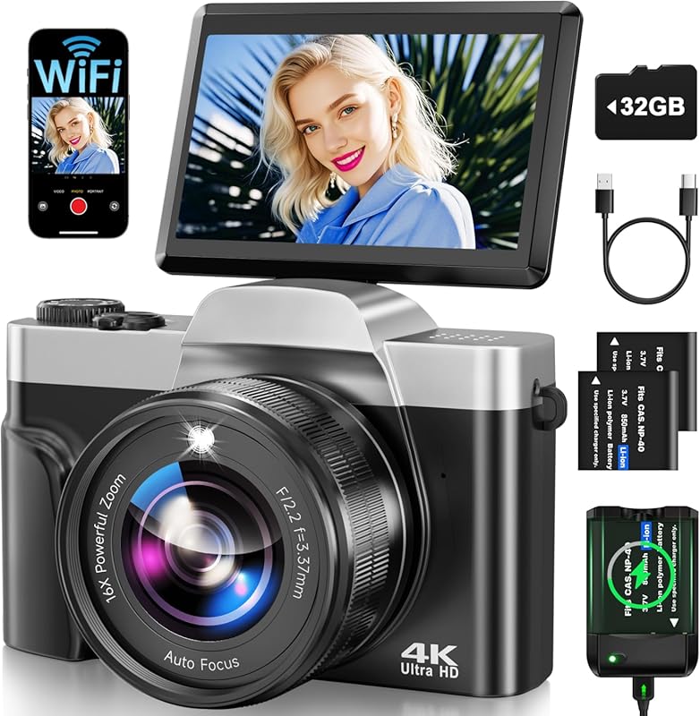 4K Vlogging Camera for YouTube: WiFi, Auto-Focus, 180° Flip Screen, an