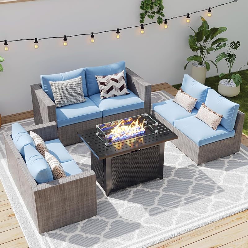 Wisteria Lane 7-Piece All-Weather Wicker Sectional Patio Set with Fire