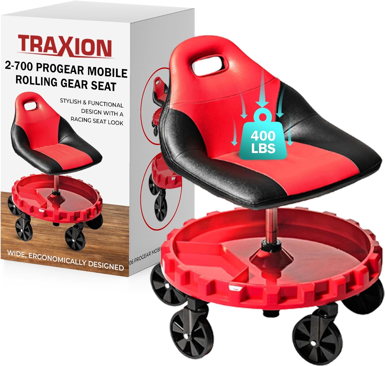 Traxion 2-700 ProGear Mobile Rolling Mechanic Seat with Equipment Tray