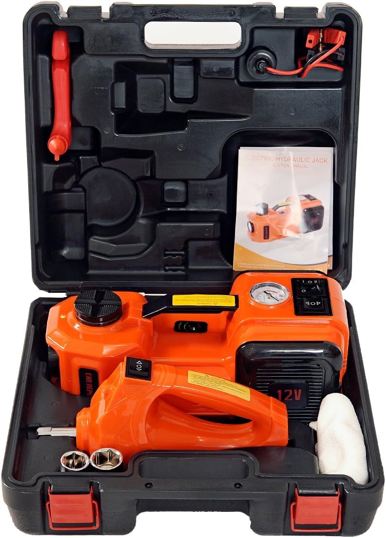 12V DC 5 Ton Electric Hydraulic Floor Jack Kit with Tire Inflator, LED