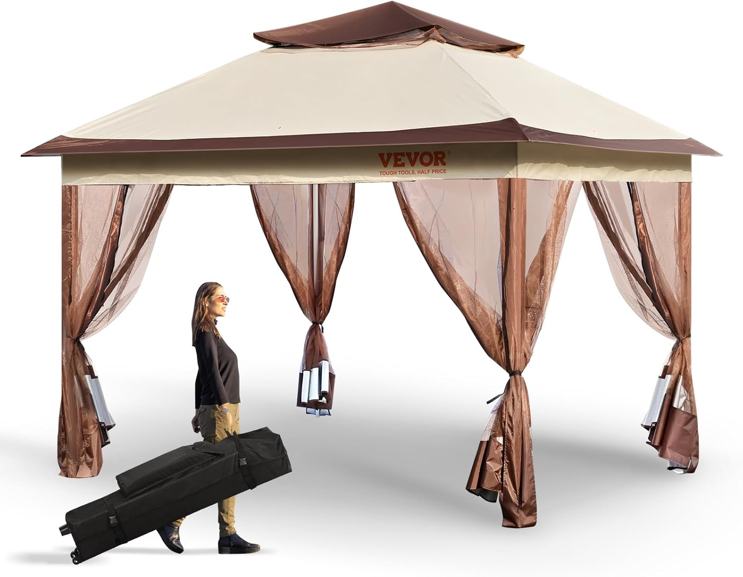 VEVOR 11x11 ft Pop-Up Gazebo Canopy with Mosquito Netting and Metal Fr