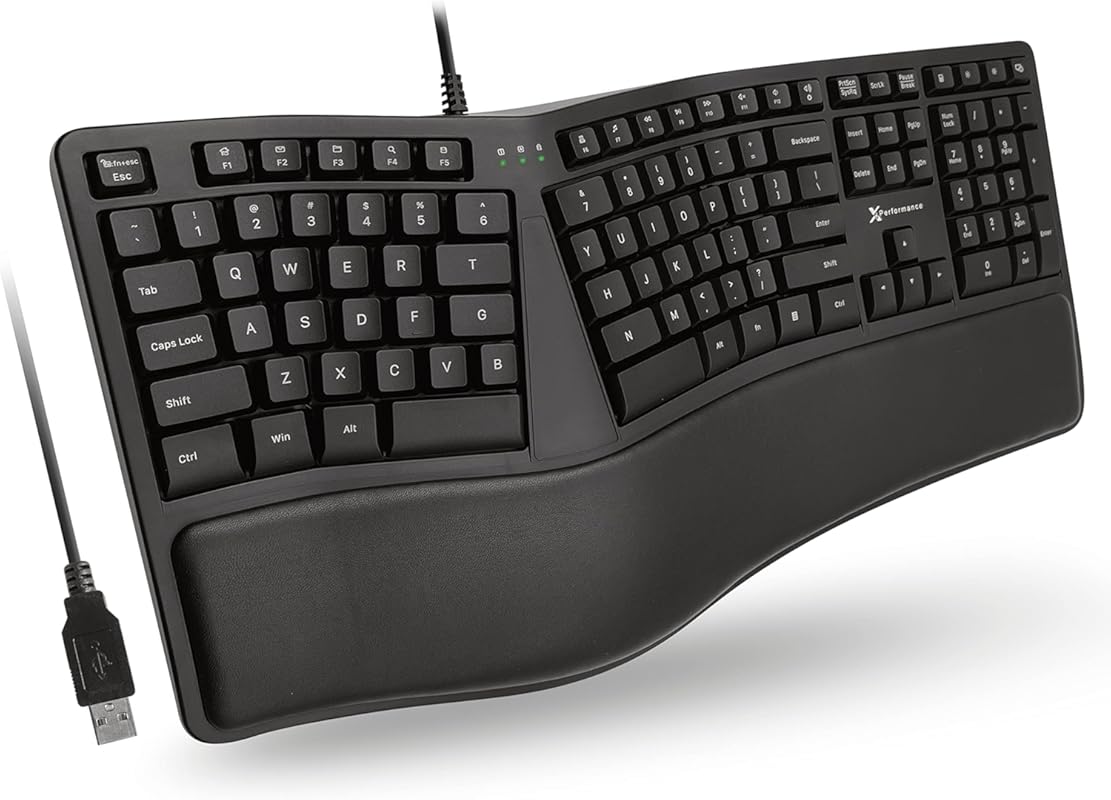 X9 USB Wired Split Ergonomic Keyboard with Cushioned Wrist Rest for La