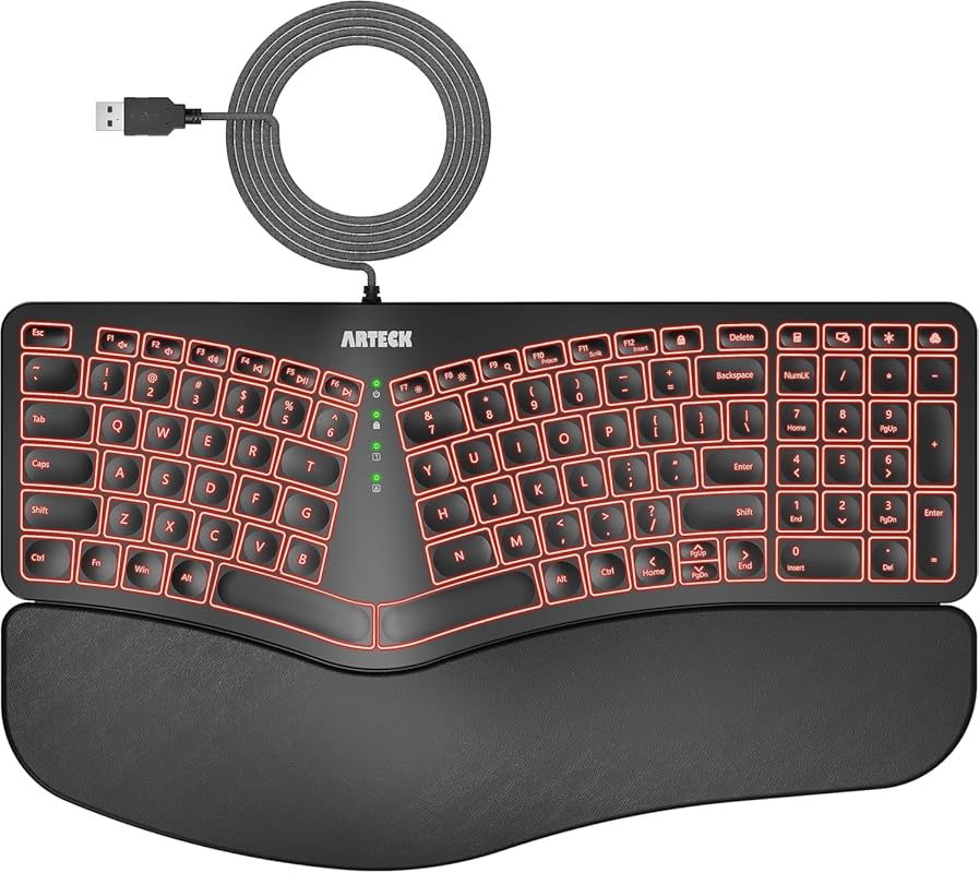 Arteck USB Wired Split Ergonomic Keyboard with Cushioned Wrist Rest, 7