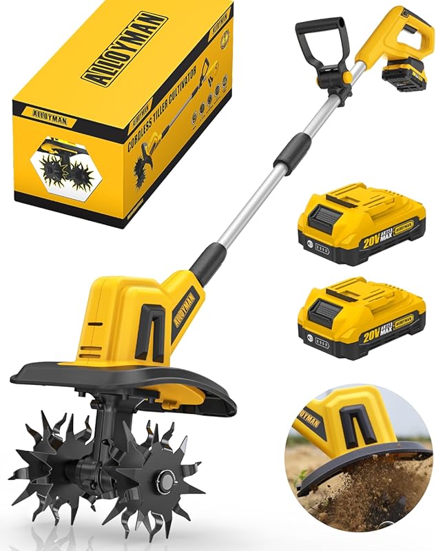 Alloyman 20V Cordless Electric Tiller Cultivator, 360RPM, 9-inch Width