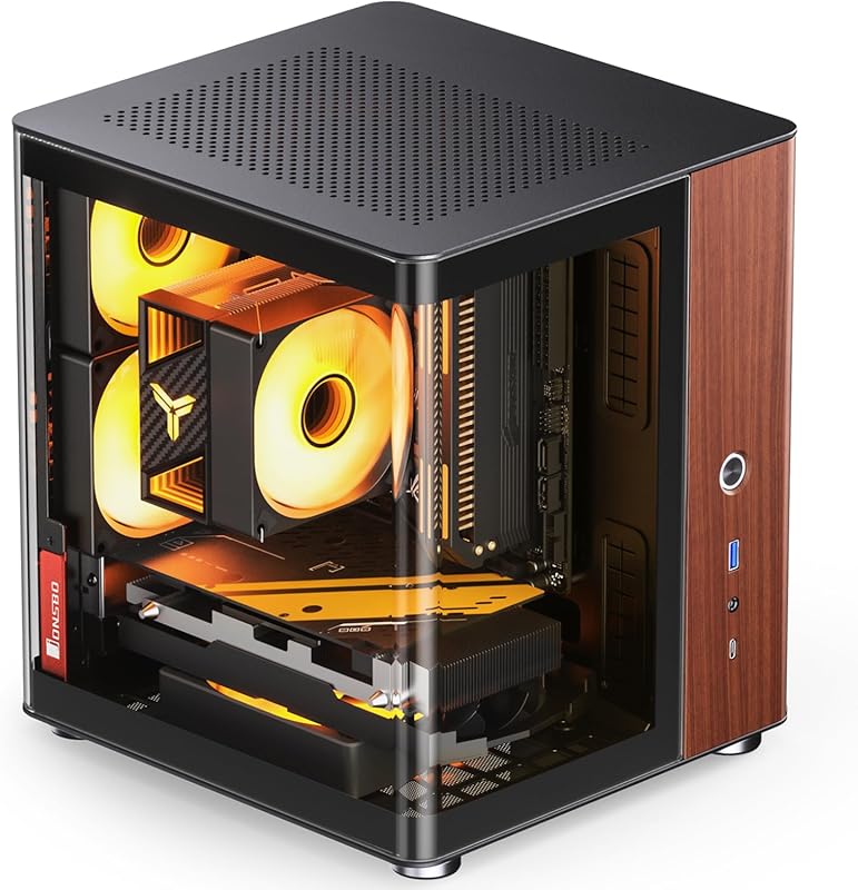 JONSBO TK-0 Black SFF ITX Mini Tower PC Case: Hyperboloid Glass, Walnu
