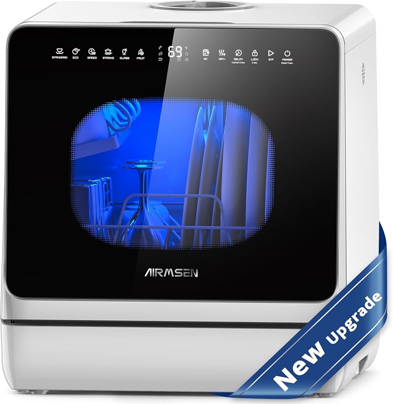 AIRMSEN Portable Mini Countertop Dishwasher, 8 Programs, Water Softene