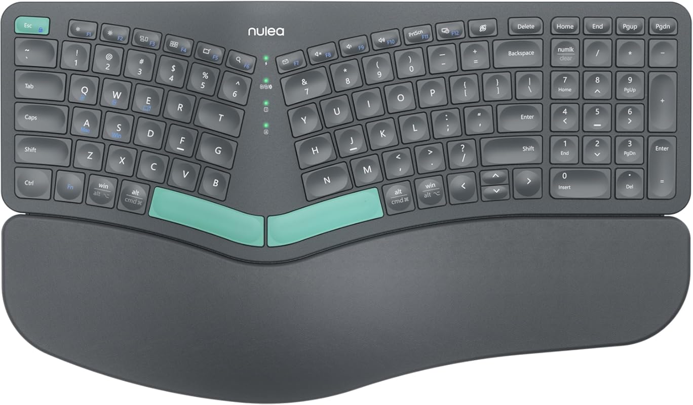 Nulea Wireless Ergonomic Split Keyboard with Cushioned Wrist Rest, Dua