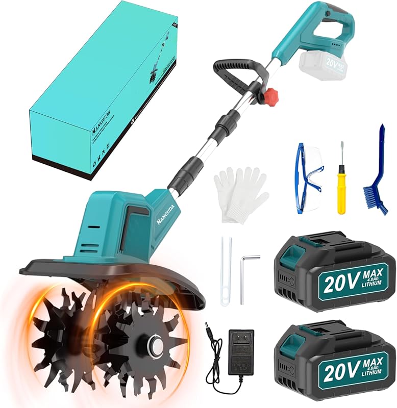 20V Cordless Electric Tiller Cultivator with 2x4.0Ah Batteries, 7.87-i