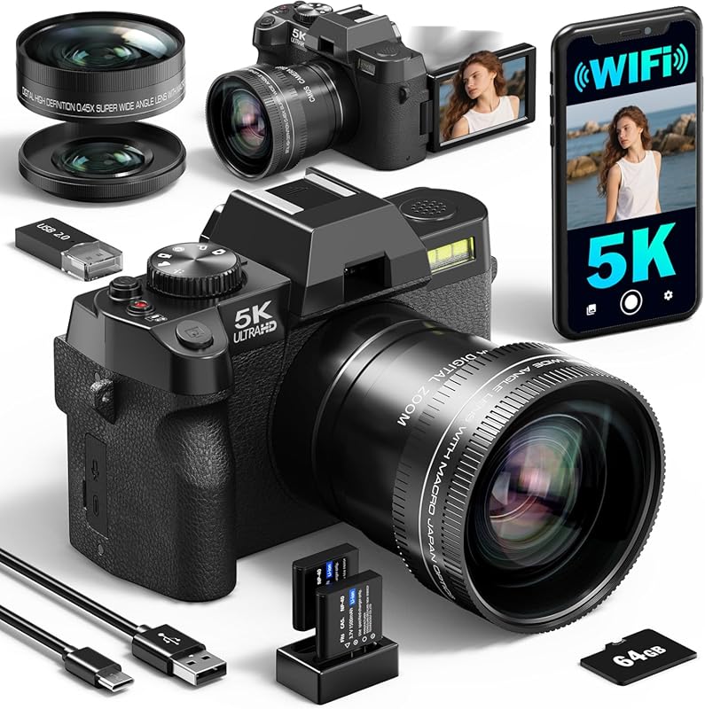 5K 64MP Digital Vlogging Camera with WiFi, Autofocus, Wide-Angle Lens,