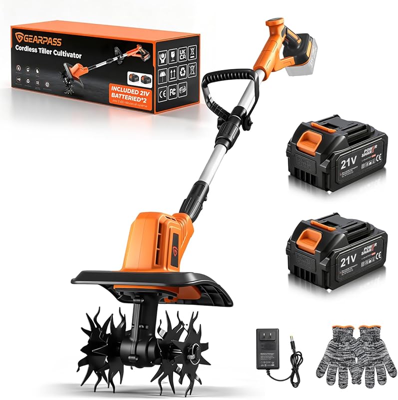 21V Cordless Electric Tiller Cultivator, 9-inch Width, 2x4.0Ah Batteri