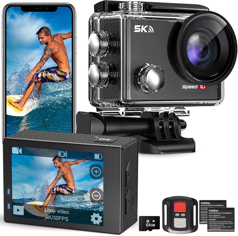 5K 30FPS Action Camera, 131FT Waterproof, EIS, WiFi Remote, 64GB Card,