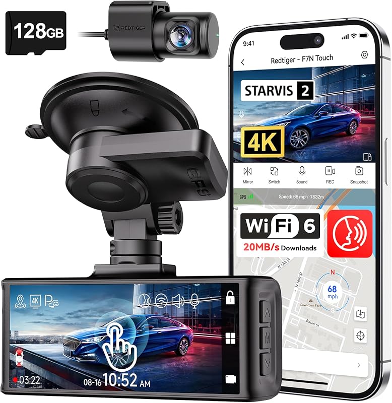REDTIGER F7N Touch 4K Dual Dash Cam, STARVIS 2, 5GHz WiFi, 128GB, GPS,