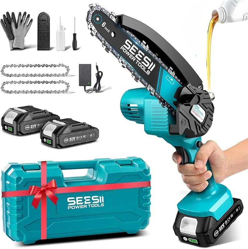 SEESII CH600+ 6-inch Cordless Mini Chainsaw with Oiler System, 2 Batte