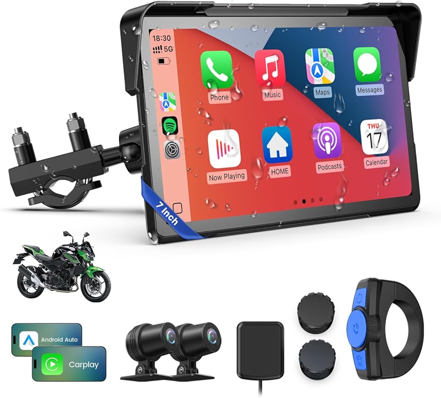 WonVon 7-Inch Wireless Motorcycle CarPlay GPS with Android Auto, Dual 