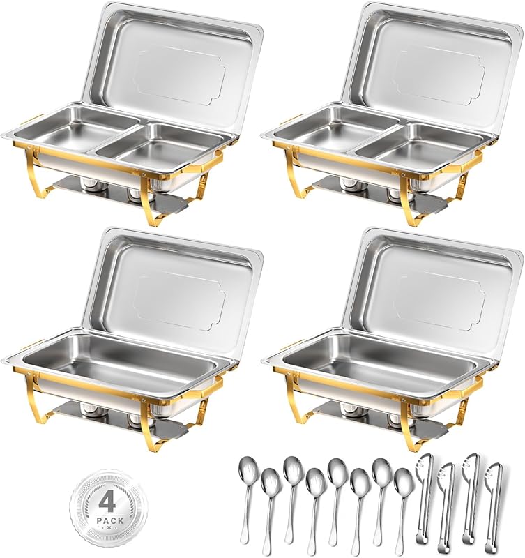 4 Pack 6-Pan 8 Qt Half Gold Chafing Dish Buffet Set Rolled-Edge Food W